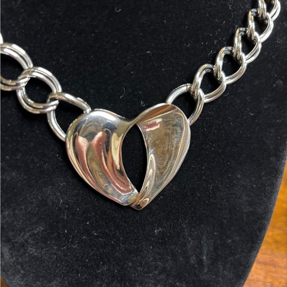 Silver Tone Open Heart Link Necklace | Chunky Statement Chain - Picture 2 of 6